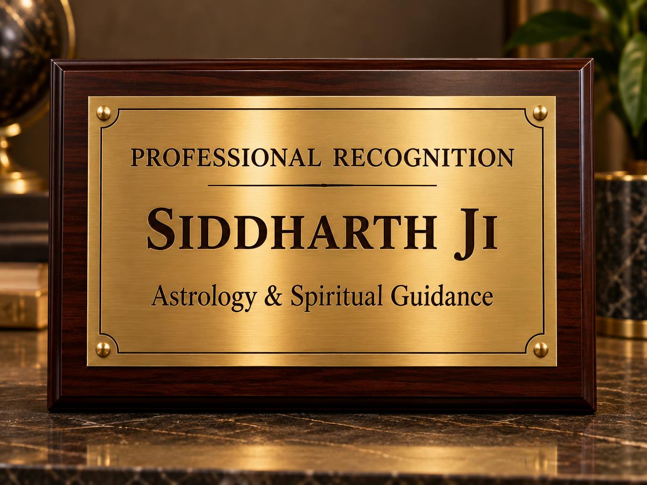 Professional recognition plaque engraved with Siddharth Ji, astrology and spiritual guidance
