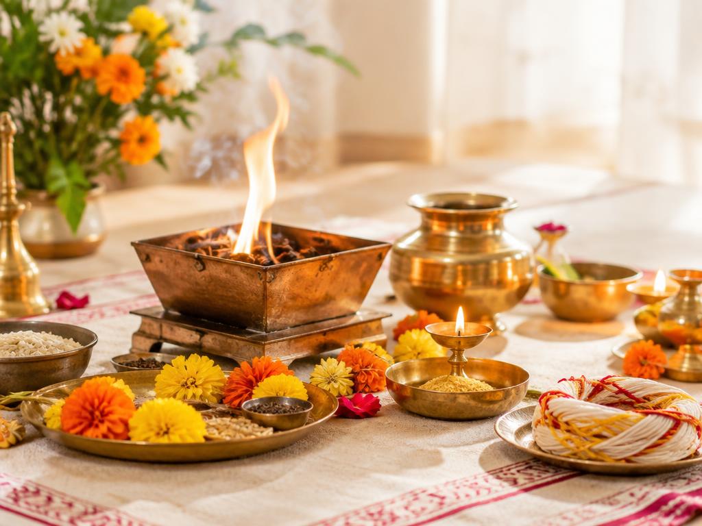 Traditional Indian havan ritual with brass vessels and marigold flowers