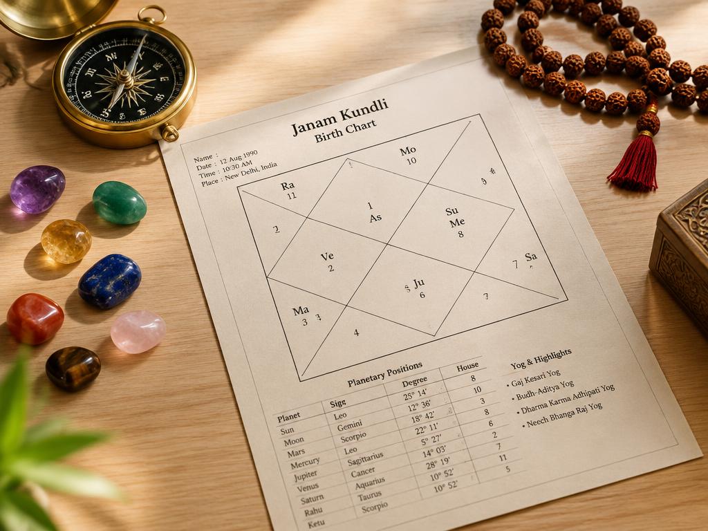 Janam kundli birth chart with gemstones and rudraksha beads