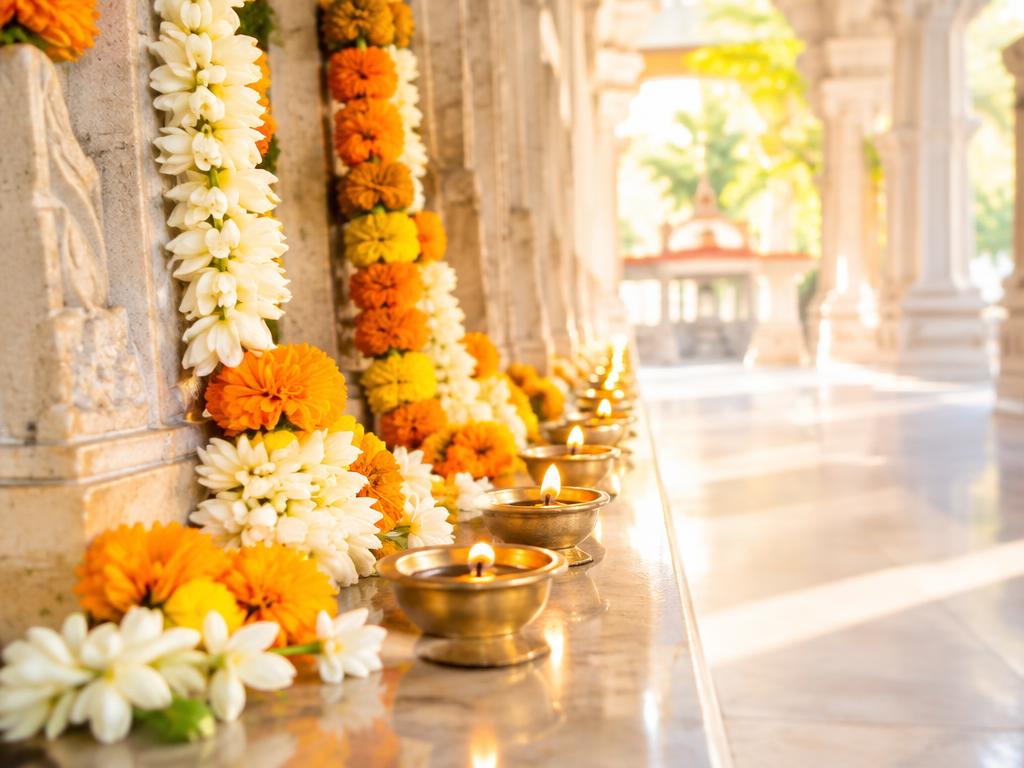 Row of lit diya lamps with marigold garlands in a temple corridor