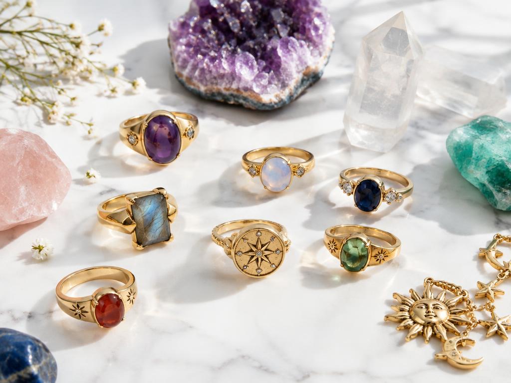 Astrology gemstone rings and crystals on white marble