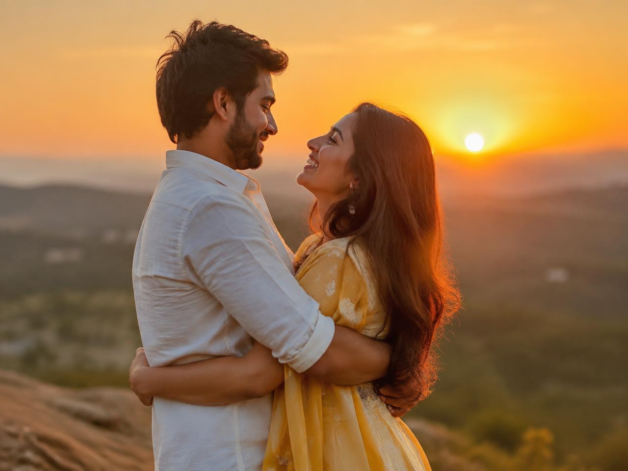 Indian couple embracing at sunset during a hopeful reunion