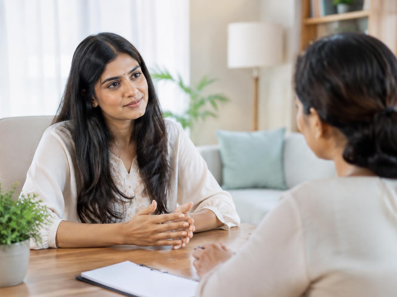 Private relationship consultation between two women at a table