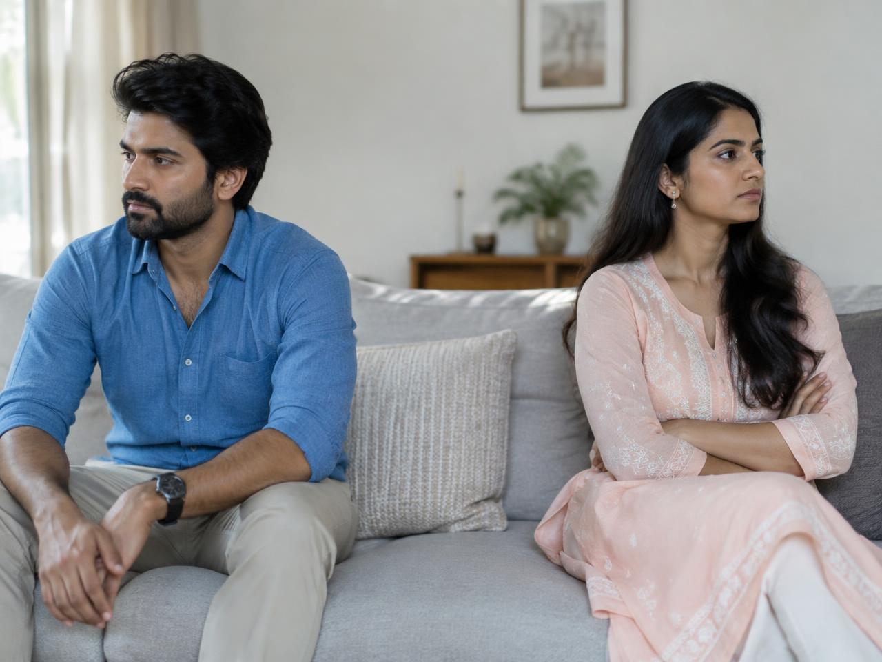 Indian husband and wife sitting apart after a disagreement