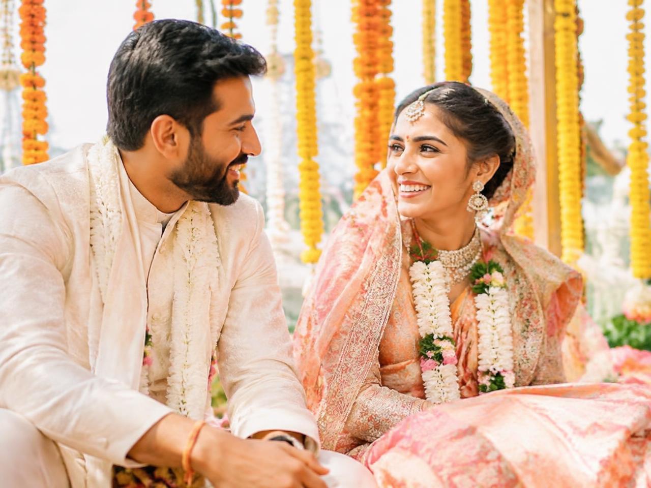 Happy Indian bride and groom at their traditional wedding