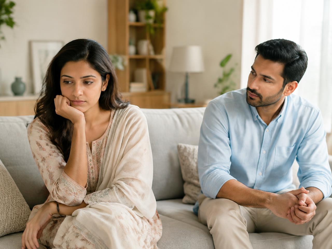 Indian couple sitting on a sofa discussing a relationship concern