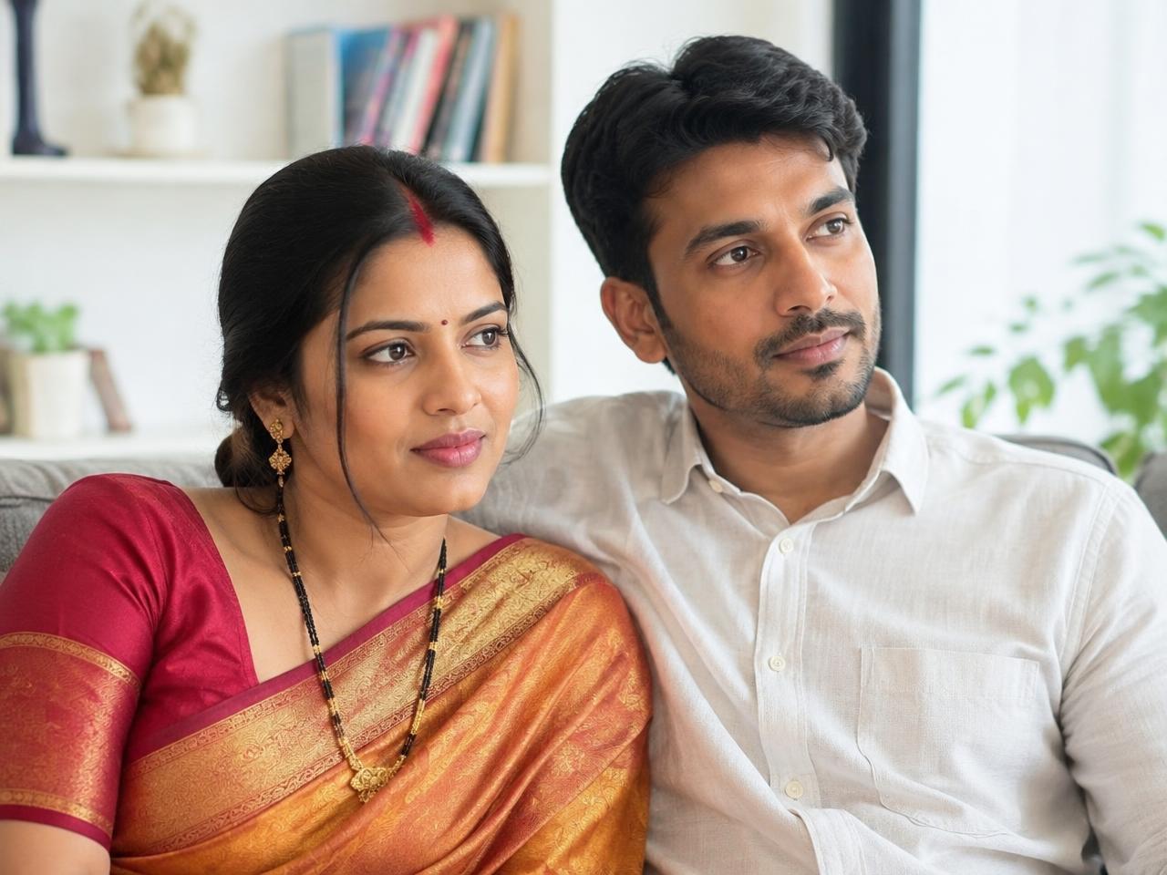 Married Indian couple seated together at home