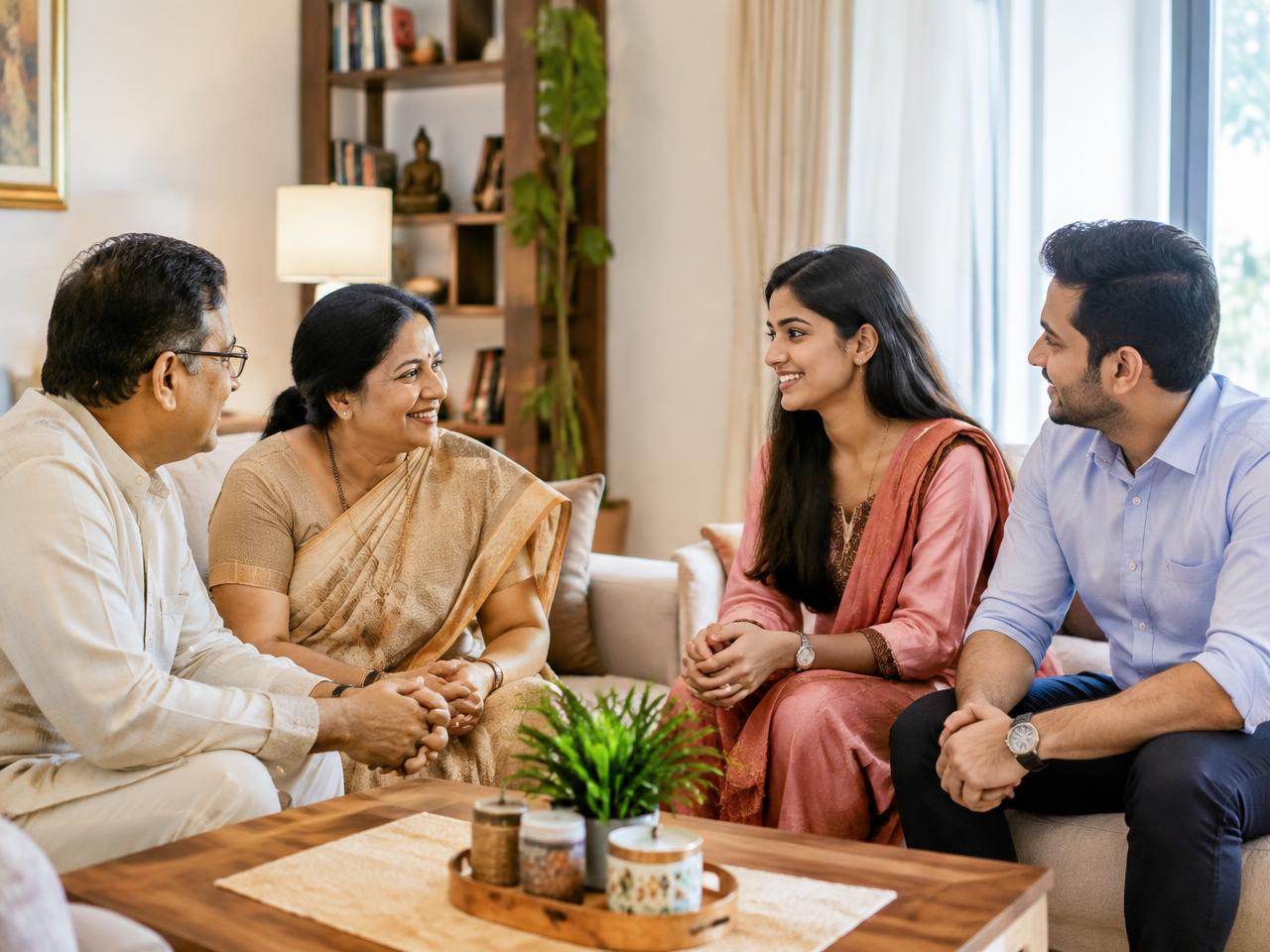 Indian family discussing a marriage proposal in their living room