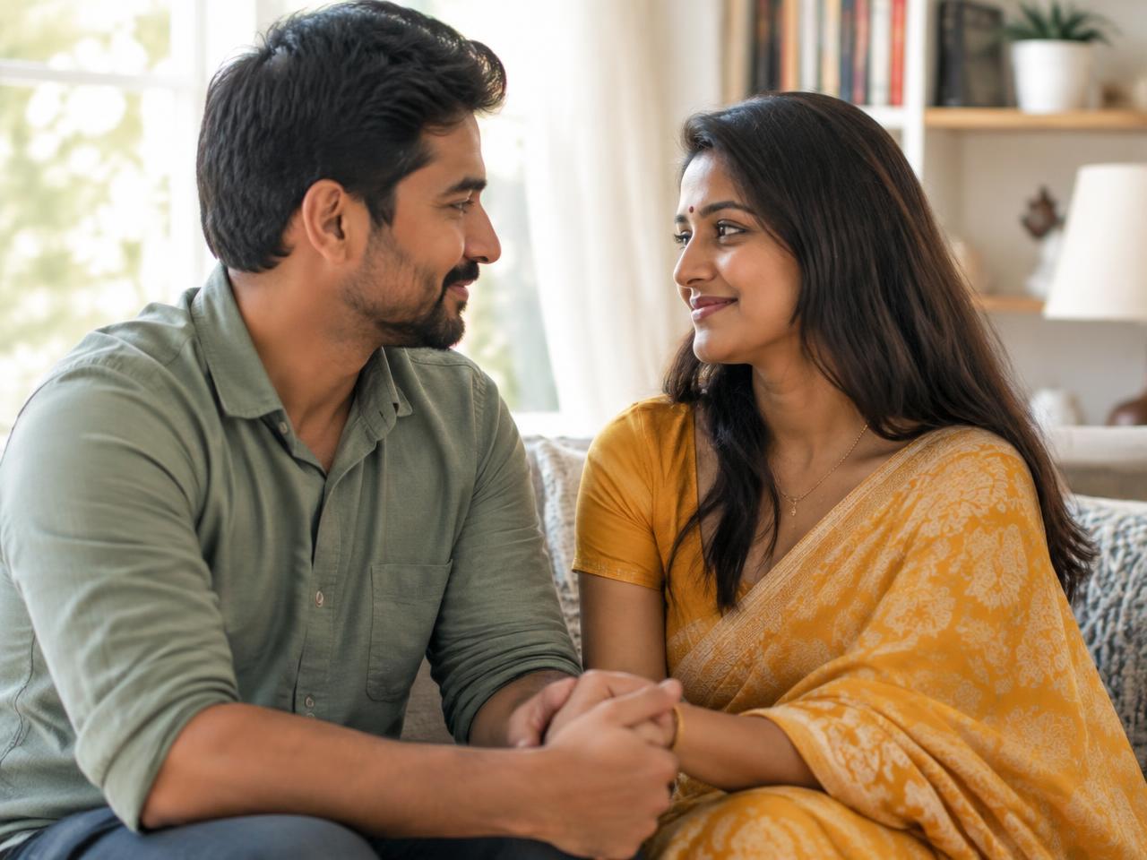 Indian couple holding hands and reconciling at home