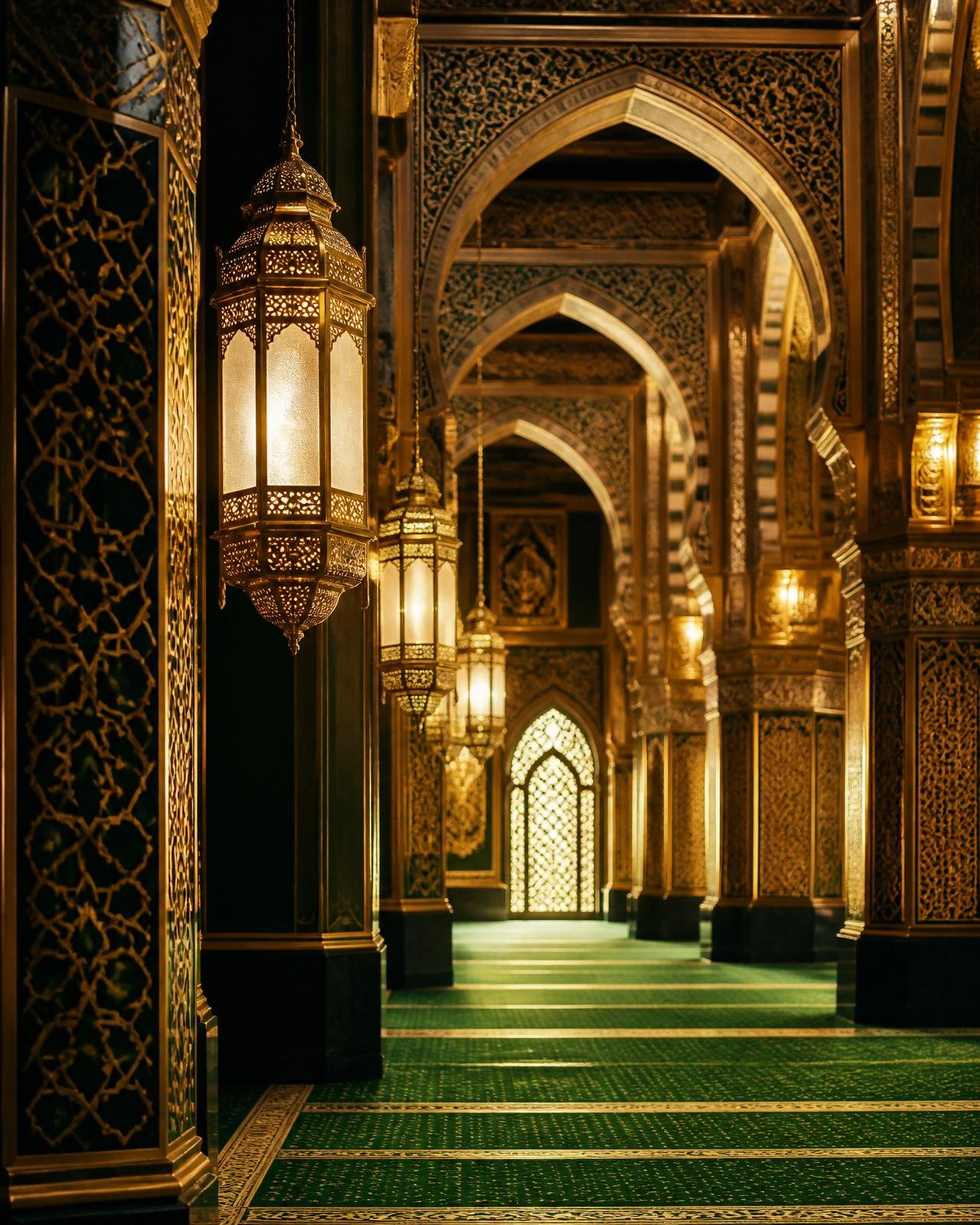 Grand mosque interior with Islamic lanterns